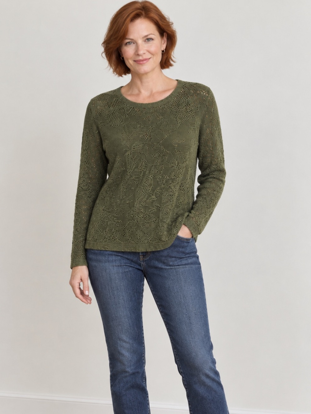 Jones New York Abstract Knit Crewneck in Olive Large Like New